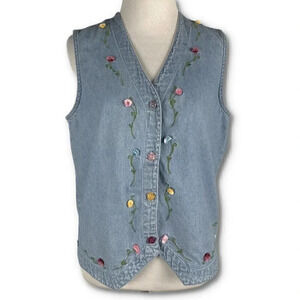Lemon grass Womens Jean vest size S blue floral v-neck vintage 80s 90s